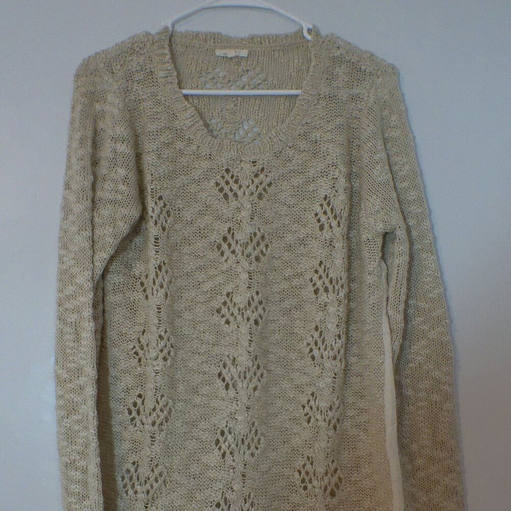 Mystree Beige Open Knit Crochet Sweater Women’s Medium Lightweight Boho Layer